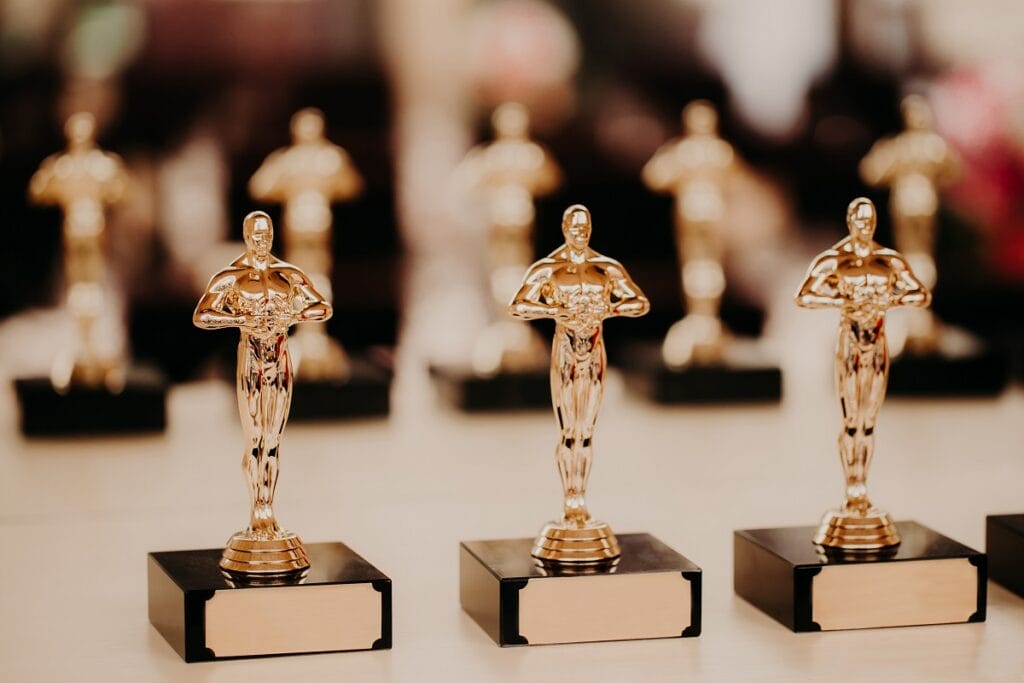 Oscar award. Prize for victory. Golden trophy,. Success concept. Horizontal shot. Prize in film production